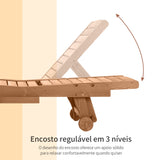 Espreguiçadeira de Madeira para Exterior Cadeira Reclinável de Jardim com 2 Rodas Encosto Ajustável em 3 Níveis e 1 Tabuleiro Capacidade 113 kg para Terraço Pátio 182x60x35 cm Natural