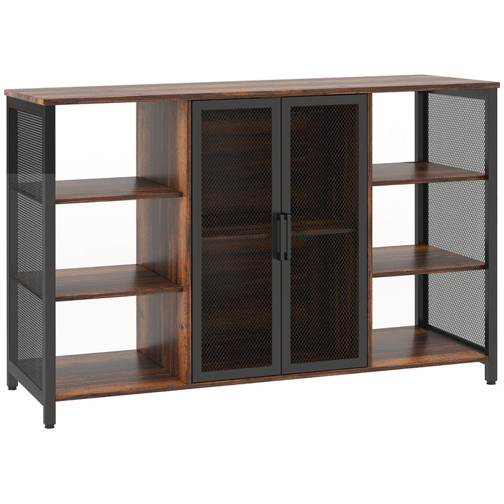 Aparador de Cozinha Industrial Móvel de Armazenamento de Garrafas com 6 Prateleiras Abertas Suporte para Copos e Prateleira Ajustável para Bar Sala Cozinha 120x40x76 cm Castanho Rústico