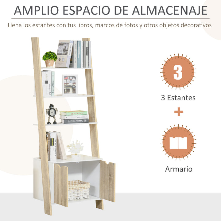 Estante em Forma de Escada de Madeira com 3 Prateleiras e 1 Armário Estante de Estilo Nórdico Moderno 60x40x171cm Carvalho e Branco