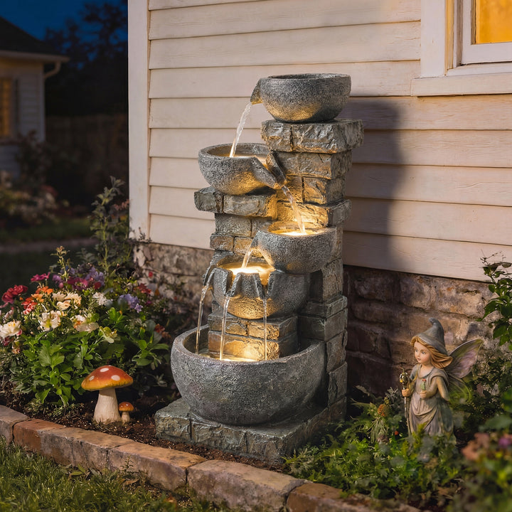 Fonte de Água Decorativa com Luzes LED e Bomba Fonte de Jardim Exterior em Cascata de 5 Níveis Resistente às Intempéries para Jardim Pátio Terraço 34x36x80 cm Multicolor