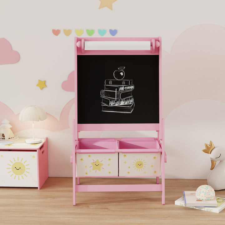 Cavalete de Pintura para Crianças 3 em 1 Quadro Infantil de Dupla Face para Crianças acima de 3 Anos com Rolo de Papel e Cestos de Arrumação 54x46x94 cm Rosa