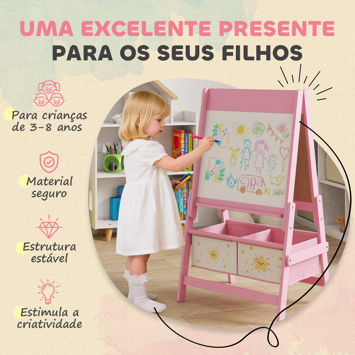 Cavalete de Pintura para Crianças 3 em 1 Quadro Infantil de Dupla Face para Crianças acima de 3 Anos com Rolo de Papel e Cestos de Arrumação 54x46x94 cm Rosa
