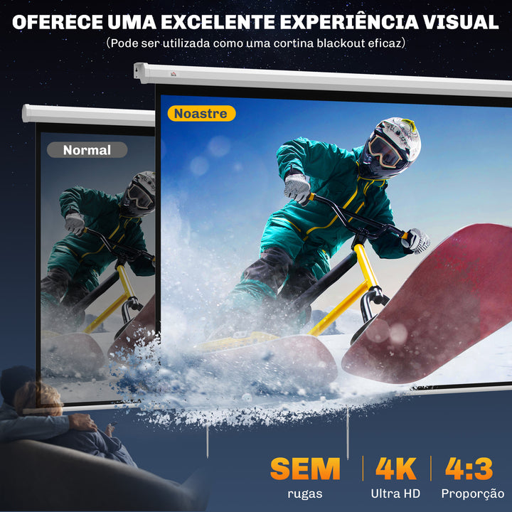 Tela de Projeção de 84 Polegadas Tela de Projetor Manual Formato 4:3 4K Ecrã de Projeção Montagem na Parede ou Teto para Cinema em Casa Escritório Interior e Exterior 181x8x138 cm Branco