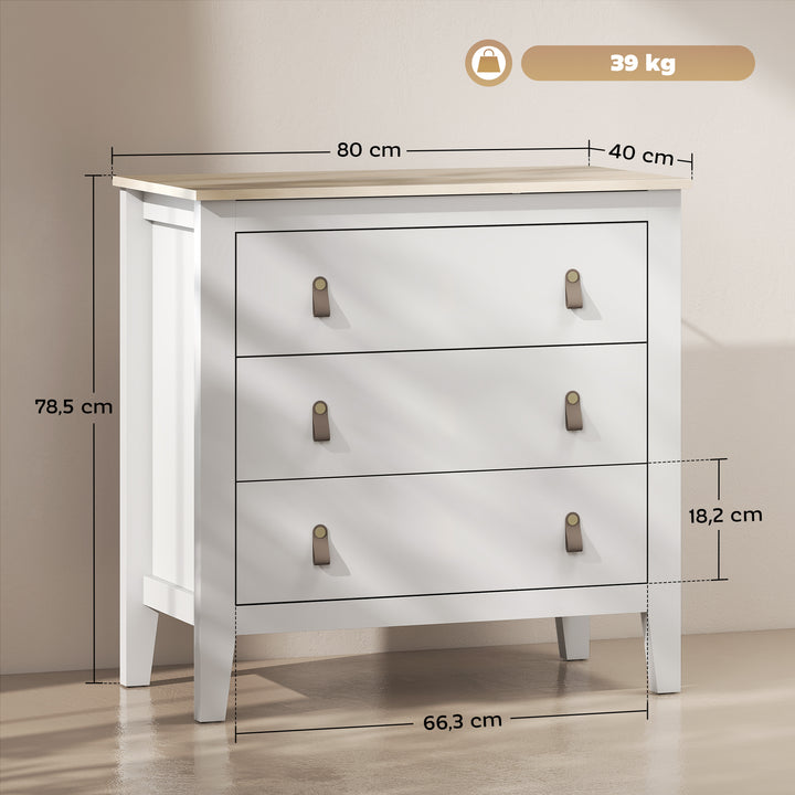 Cómoda de 3 Gavetas Cómoda para Dormitório com Puxadores de PU Cómoda para Sala de Estar Corredor 80x40x78,5 cm Branco