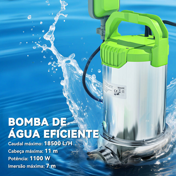Bomba de Águas 1100W Bomba Submersível de Águas Residuais com Capacidade de 18000 l/h Interruptor de Flutuador e Conector Universal para Drenagem de Piscinas Tanques Banheiras 16x15x40 cm Prata
