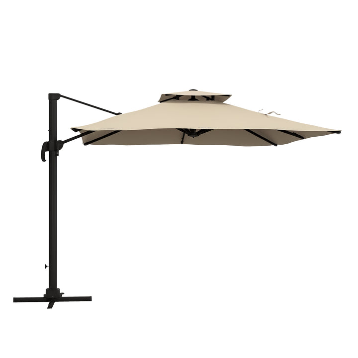 Chapéu de Sol de Alumínio Ø295x270 cm Chapéu de Sol Excêntrico com Manivela Teto Duplo Inclinável Mastro Giratório 360° com Pedal e Base Cruzada para Pátio Varanda Cáqui