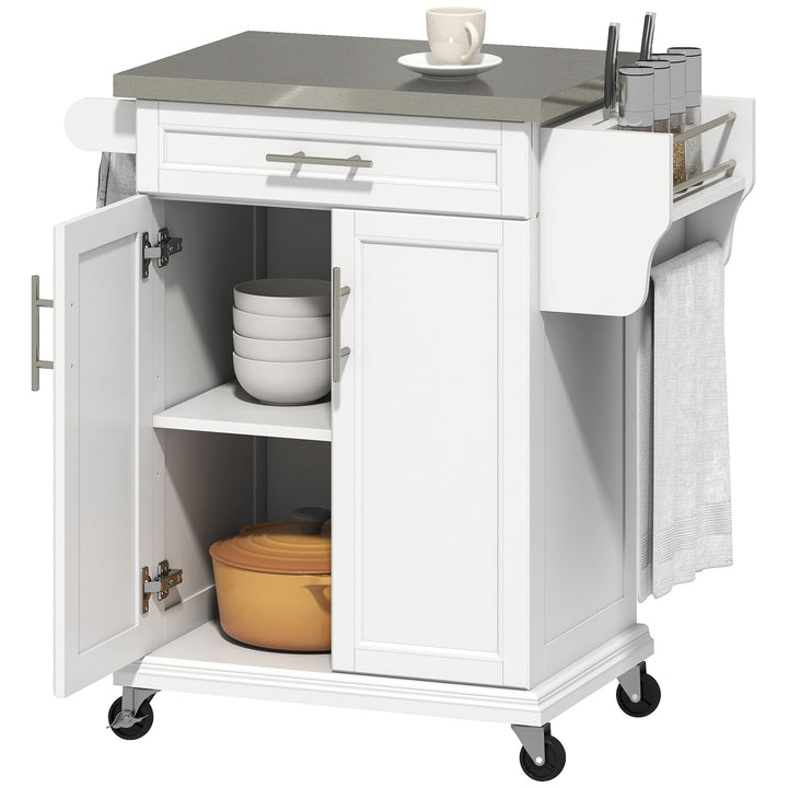Ilha de Cozinha Móvel Auxiliar de Cozinha Moderno com 4 Rodas Gaveta Barra Suporte para Temperos e Prateleira Ajustável 83,5x45,7x90,5 cm Branco