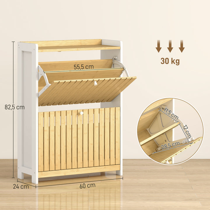 Sapateira Estreita com 2 Portas de Bambu em Ripas Móvel Sapateira com Prateleiras Ajustáveis para 12 Pares de Sapatos 60x24x82,5 cm Branco e Madeira