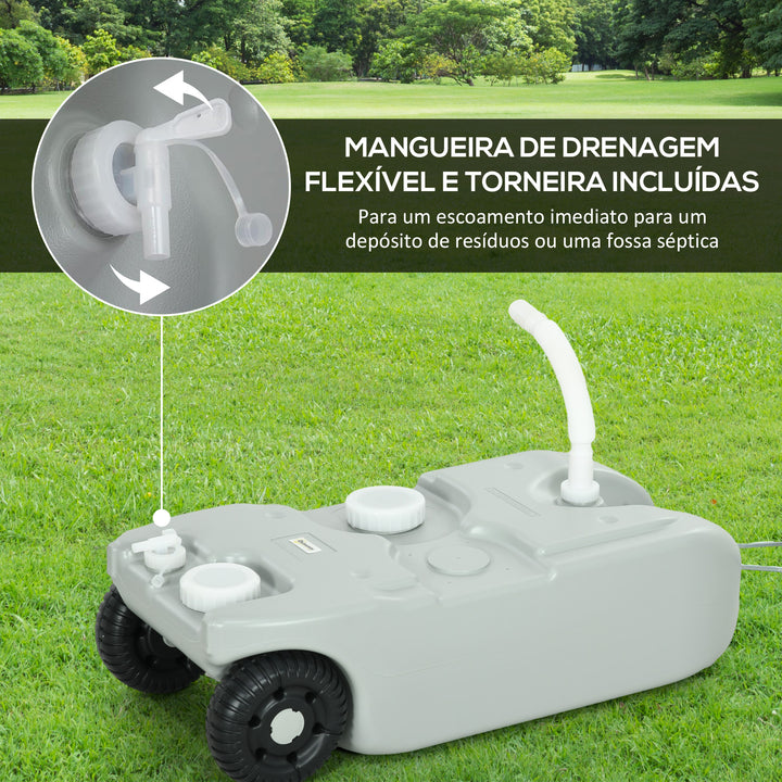 Depósito de Água 40 L com Rodas Depósito de Água Portátil com Pega Metálica e Torneira para Caravanas Autocaravanas Campismo ao Ar Livre 37x23x80 cm Cinzento