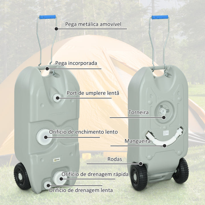 Depósito de Água 40 L com Rodas Depósito de Água Portátil com Pega Metálica e Torneira para Caravanas Autocaravanas Campismo ao Ar Livre 37x23x80 cm Cinzento