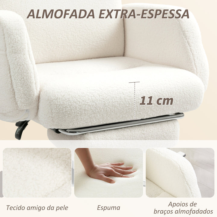 Cadeira de Escritório com Apoio para Pés Estofada em Borreguito Cadeira de Escritório com Encosto Reclinável Apoio de Cabeça Ajustável Encosto Alto Altura Ajustável 67x74x107-115 cm Creme