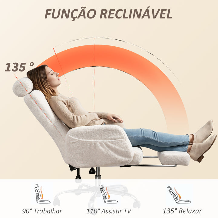 Cadeira de Escritório com Apoio para Pés Estofada em Borreguito Cadeira de Escritório com Encosto Reclinável Apoio de Cabeça Ajustável Encosto Alto Altura Ajustável 67x74x107-115 cm Creme