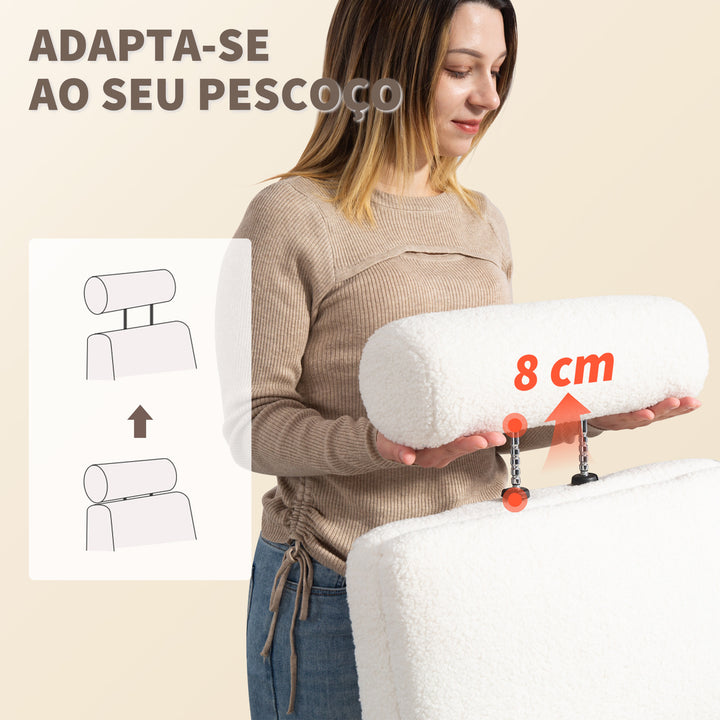 Cadeira de Escritório com Apoio para Pés Estofada em Borreguito Cadeira de Escritório com Encosto Reclinável Apoio de Cabeça Ajustável Encosto Alto Altura Ajustável 67x74x107-115 cm Creme
