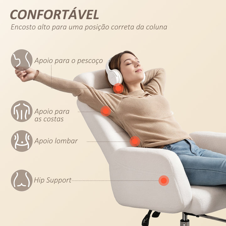 Cadeira de Escritório com Apoio para Pés Estofada em Borreguito Cadeira de Escritório com Encosto Reclinável Apoio de Cabeça Ajustável Encosto Alto Altura Ajustável 67x74x107-115 cm Creme