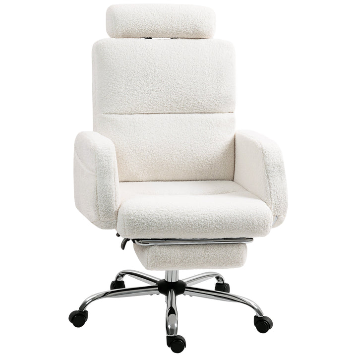 Cadeira de Escritório com Apoio para Pés Estofada em Borreguito Cadeira de Escritório com Encosto Reclinável Apoio de Cabeça Ajustável Encosto Alto Altura Ajustável 67x74x107-115 cm Creme