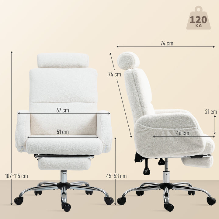 Cadeira de Escritório com Apoio para Pés Estofada em Borreguito Cadeira de Escritório com Encosto Reclinável Apoio de Cabeça Ajustável Encosto Alto Altura Ajustável 67x74x107-115 cm Creme