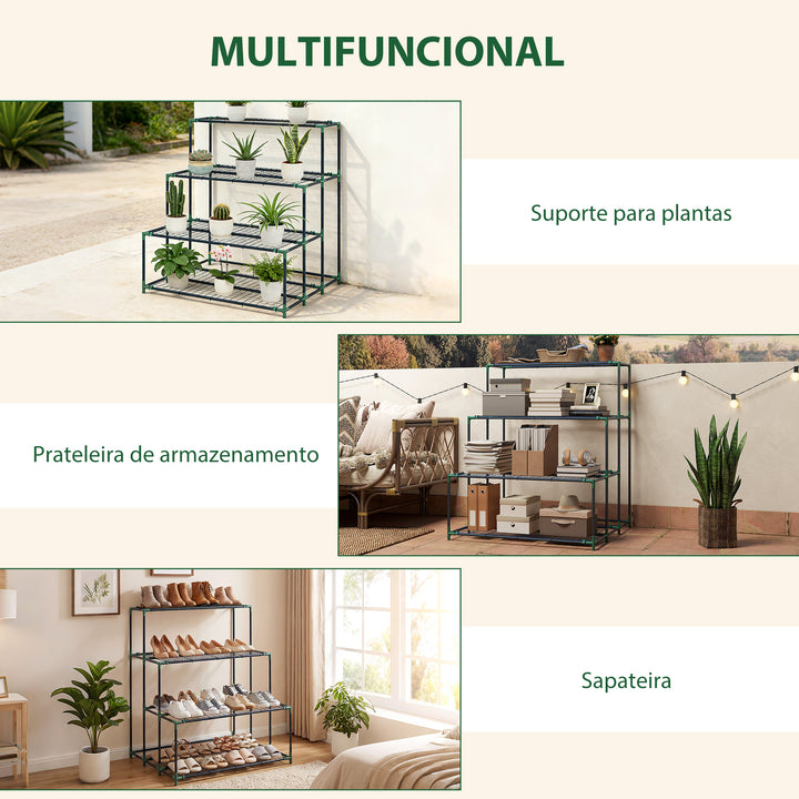 Suporte para Plantas de 4 Níveis Estante para Plantas de Aço Design em Escada Suporte para Vasos para Interior e Exterior Jardim Varanda e Pátio, 94x84x110 cm Verde Escuro