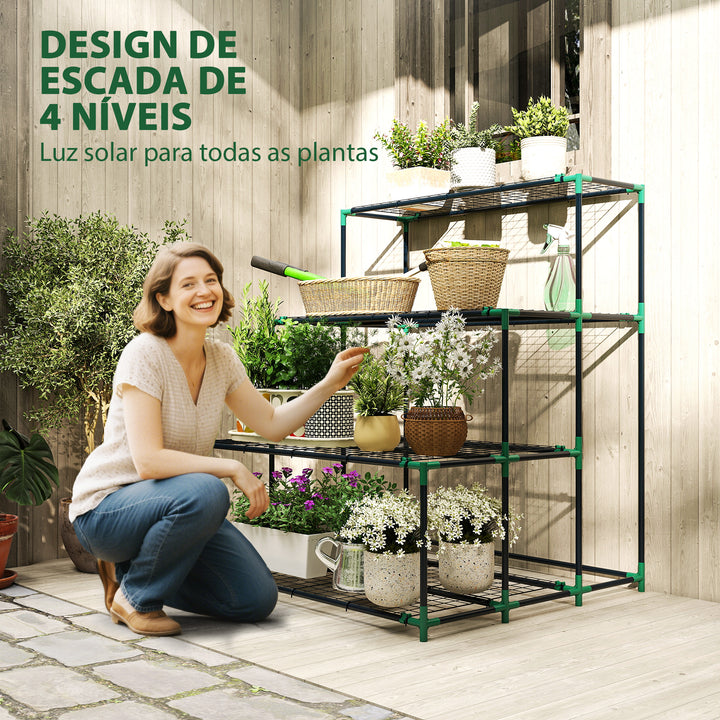 Suporte para Plantas de 4 Níveis Estante para Plantas de Aço Design em Escada Suporte para Vasos para Interior e Exterior Jardim Varanda e Pátio, 94x84x110 cm Verde Escuro