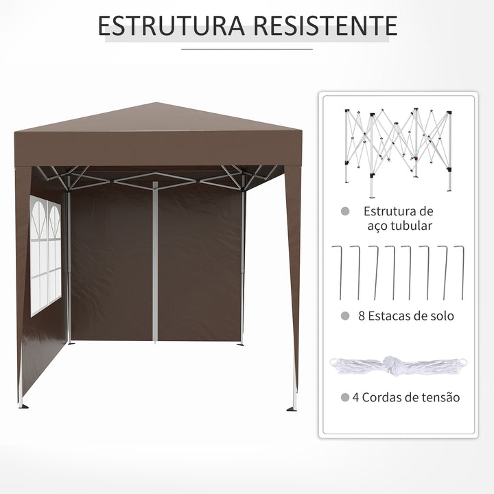 Tenda Dobrável 2x2 m Tenda de Jardim com 4 Paredes Laterais Tecido Oxford 2 Portas 2 Janelas e Bolsa de Transporte para Exterior Terraço Campismo Festas Marrom