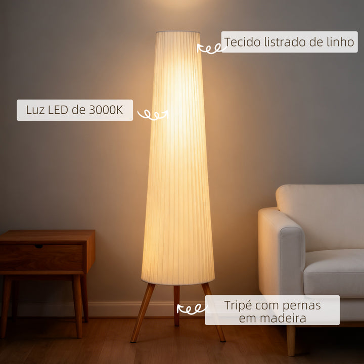 Candeeiro de Pé com Tripé Brilho Ajustável 3 Níveis Candeeiro de Pé de Sala Nórdica com Interruptor de Pé Pernas de Madeira e Ecrã de Tecido para Quarto, Escritório Decoração 46x46x153 cm Branco