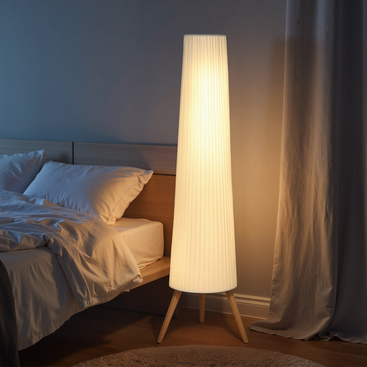 Candeeiro de Pé com Tripé Brilho Ajustável 3 Níveis Candeeiro de Pé de Sala Nórdica com Interruptor de Pé Pernas de Madeira e Ecrã de Tecido para Quarto, Escritório Decoração 46x46x153 cm Branco