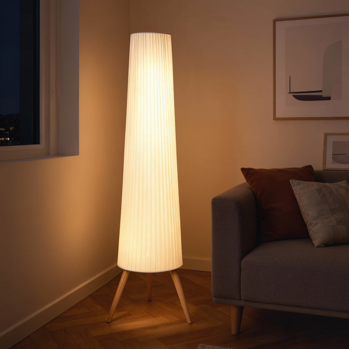 Candeeiro de Pé com Tripé Brilho Ajustável 3 Níveis Candeeiro de Pé de Sala Nórdica com Interruptor de Pé Pernas de Madeira e Ecrã de Tecido para Quarto, Escritório Decoração 46x46x153 cm Branco
