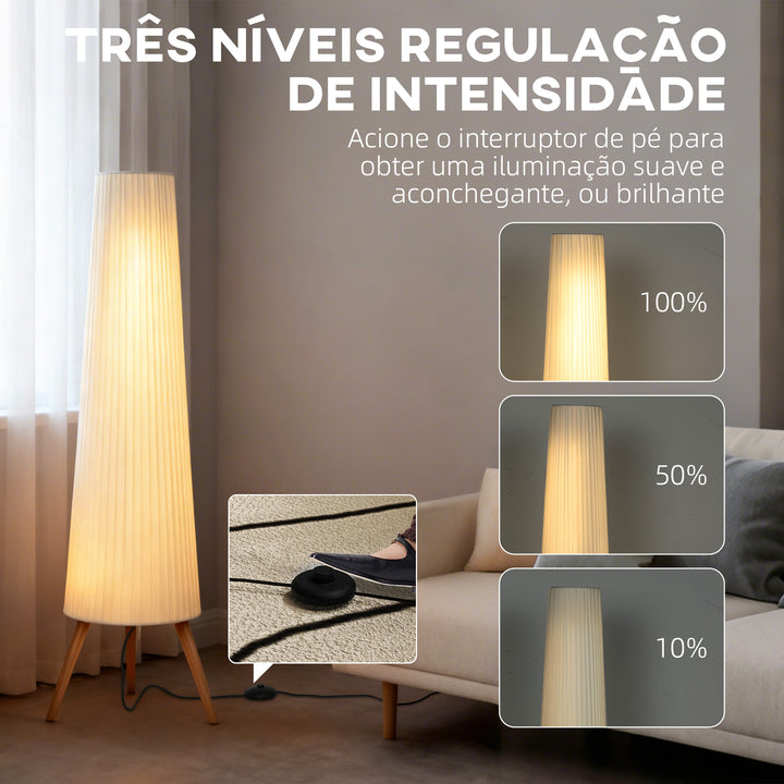 Candeeiro de Pé com Tripé Brilho Ajustável 3 Níveis Candeeiro de Pé de Sala Nórdica com Interruptor de Pé Pernas de Madeira e Ecrã de Tecido para Quarto, Escritório Decoração 46x46x153 cm Branco