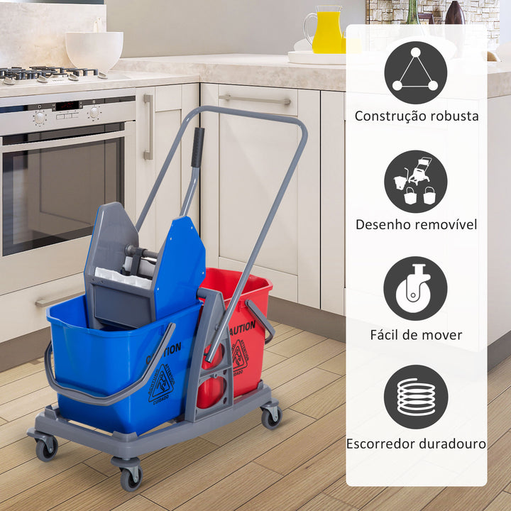 Carro de Limpeza Professional Carro de Limpeza de Metal com 2 Baldes de 25 Litros Removíveis Escorredor Manual e 4 Rodas 73x45x92cm Vermelho e Azul