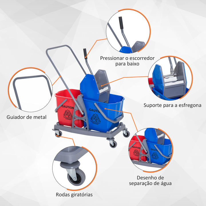 Carro de Limpeza Professional Carro de Limpeza de Metal com 2 Baldes de 25 Litros Removíveis Escorredor Manual e 4 Rodas 73x45x92cm Vermelho e Azul