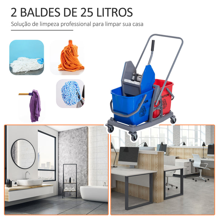 Carro de Limpeza Professional Carro de Limpeza de Metal com 2 Baldes de 25 Litros Removíveis Escorredor Manual e 4 Rodas 73x45x92cm Vermelho e Azul