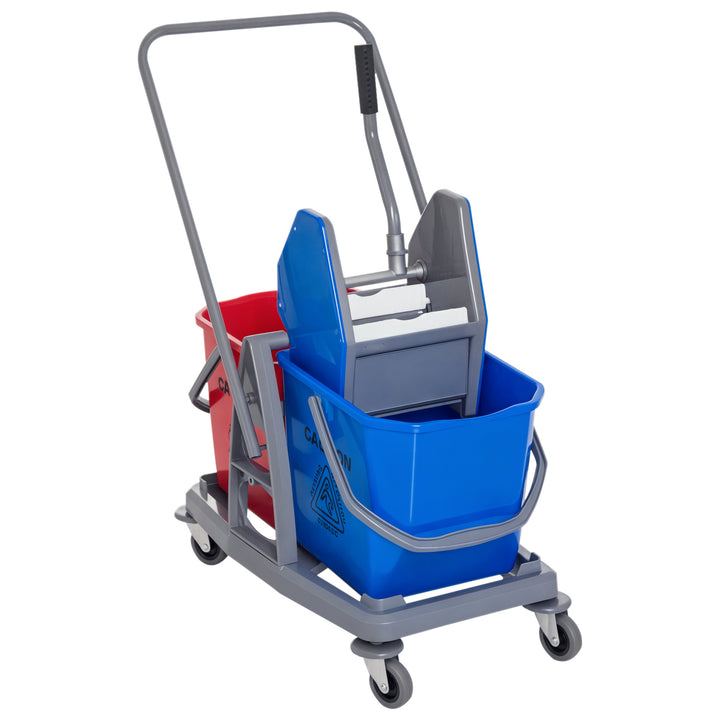 Carro de Limpeza Professional Carro de Limpeza de Metal com 2 Baldes de 25 Litros Removíveis Escorredor Manual e 4 Rodas 73x45x92cm Vermelho e Azul
