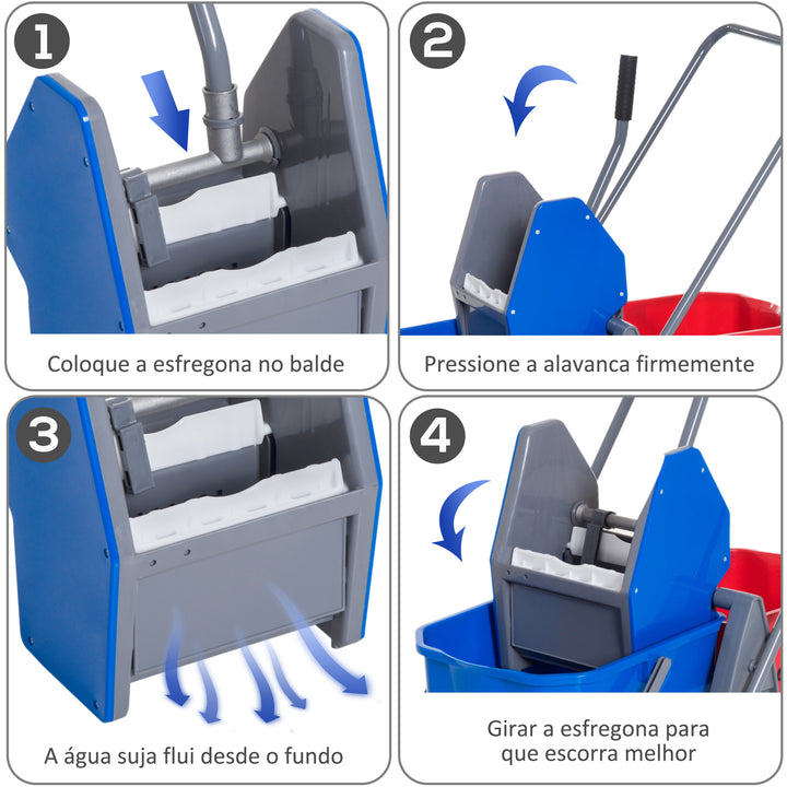Carro de Limpeza Professional Carro de Limpeza de Metal com 2 Baldes de 25 Litros Removíveis Escorredor Manual e 4 Rodas 73x45x92cm Vermelho e Azul