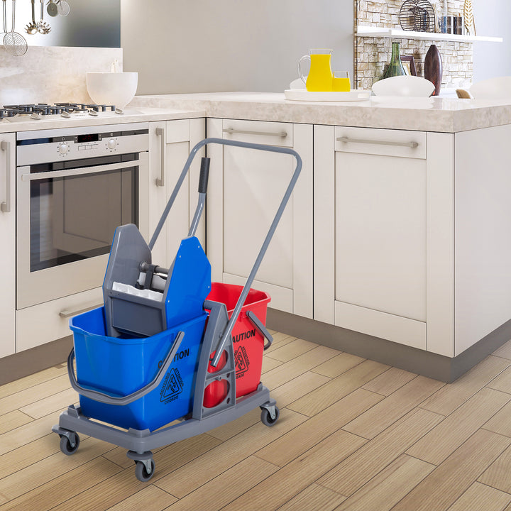 Carro de Limpeza Professional Carro de Limpeza de Metal com 2 Baldes de 25 Litros Removíveis Escorredor Manual e 4 Rodas 73x45x92cm Vermelho e Azul