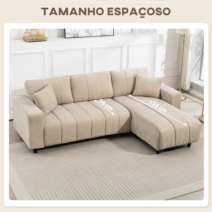 Sofá Chaise Longue Reversível Sofá de Canto em Forma de L de 3 Lugares 2 Almofadas Estofado em Linho Estrutura de Aço para Sala de Estar 242x156x87 cm Bege