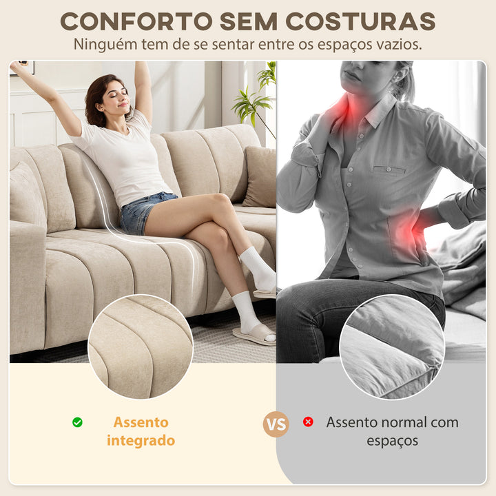 Sofá Chaise Longue Reversível Sofá de Canto em Forma de L de 3 Lugares 2 Almofadas Estofado em Linho Estrutura de Aço para Sala de Estar 242x156x87 cm Bege