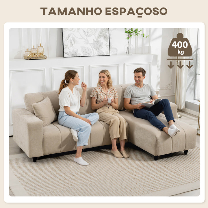 Sofá Chaise Longue Reversível Sofá de Canto em Forma de L de 3 Lugares 2 Almofadas Estofado em Linho Estrutura de Aço para Sala de Estar 242x156x87 cm Bege