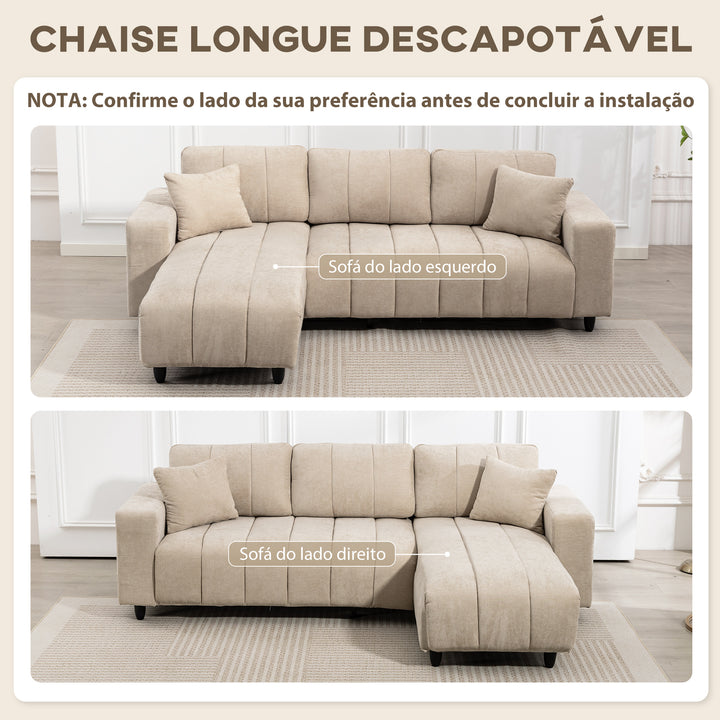 Sofá Chaise Longue Reversível Sofá de Canto em Forma de L de 3 Lugares 2 Almofadas Estofado em Linho Estrutura de Aço para Sala de Estar 242x156x87 cm Bege