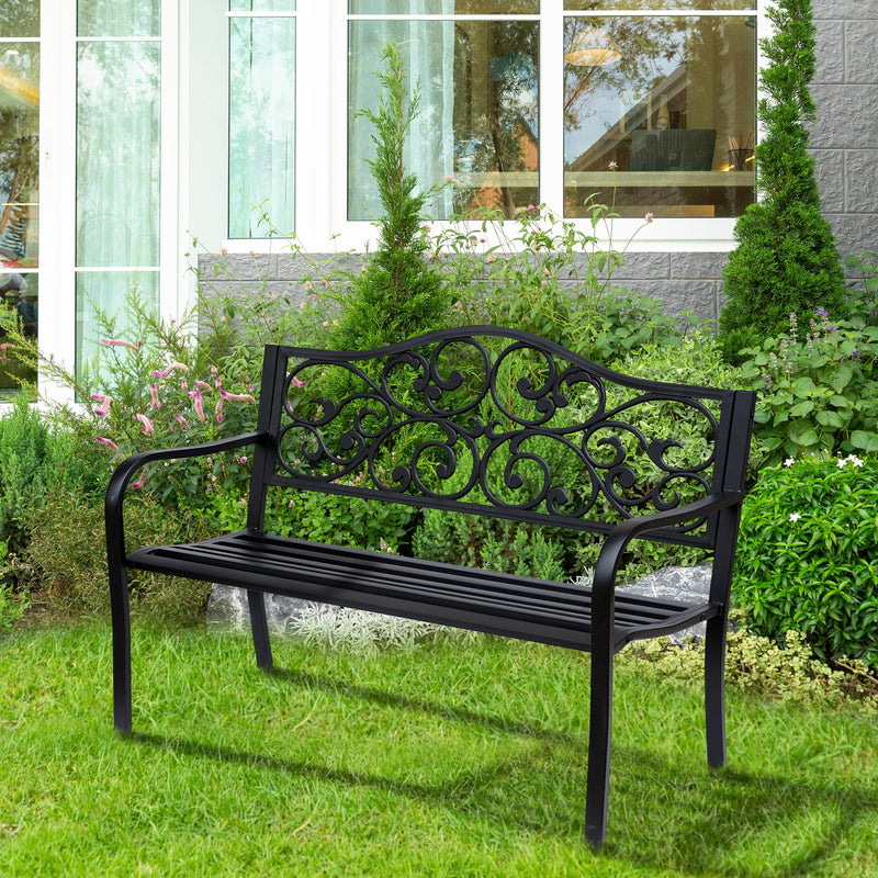 Banco de Jardim de Aço Banco de Exterior com Encosto e Apoio para os Braços Carga Máxima 240 kg para Pátio Varanda 127x60x89 cm Preto