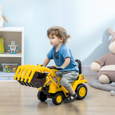 Carro Andador para Crianças acima de 3 Anos Escavadora Infantil com Pá Móvel Assento com Armazenamento Oculto e Buzina Carga Máxima 30kg 83x27x39cm Amarelo