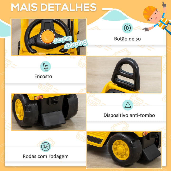 Carro Andador para Crianças acima de 3 Anos Escavadora Infantil com Pá Móvel Assento com Armazenamento Oculto e Buzina Carga Máxima 30kg 83x27x39cm Amarelo