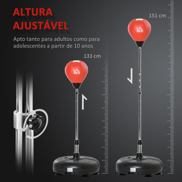 Saco de Boxe de Pé com Altura Ajustável de 4 Níveis Punching Ball com Base Preenchida Luvas e Inflador para Adultos e Adolescentes Ø45x132-158cm Preto e Vermelho