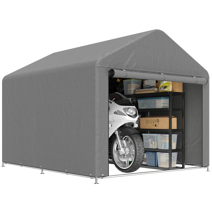 Tenda de Jardim Exterior para Ferramentas e Bicicletas 2,4x2x2 m Abrigo Exterior com Estrutura de Metal Galvanizado Porta Enrolável com Fecho Impermeável UV30+ Garagem Portátil Cinzento