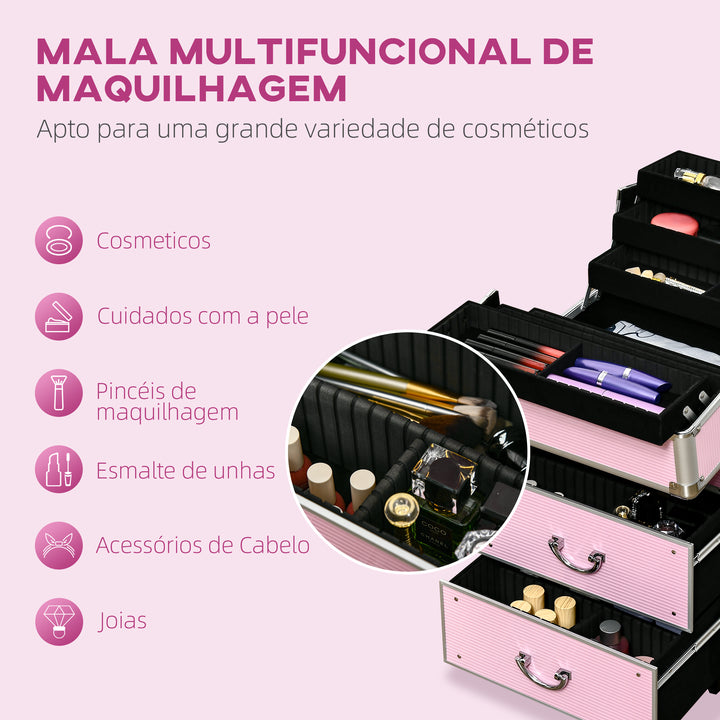 Mala de Maquilhagem Professional Mala para Cosméticos com Rodas 6 Gavetas Extensíveis Fechadura 2 Chaves e Alça Retrátil 36x23x58 cm Rosa