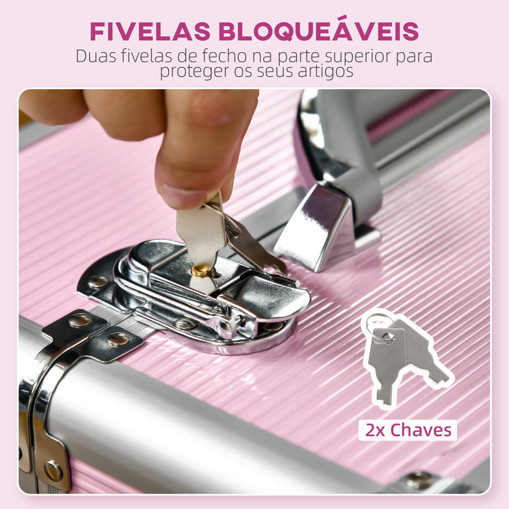 Mala de Maquilhagem Professional Mala para Cosméticos com Rodas 6 Gavetas Extensíveis Fechadura 2 Chaves e Alça Retrátil 36x23x58 cm Rosa