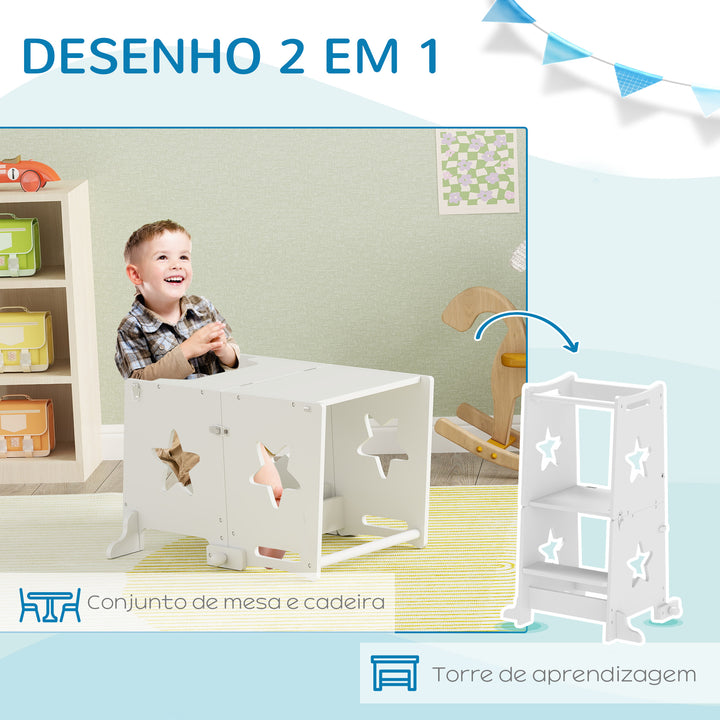 Torre de Aprendizagem 2 em 1 Torre de Aprendizagem para Crianças acima de 3 Anos Convertível em Mesa e Cadeira com Barreira de Segurança 60x44,5x86 cm Branco