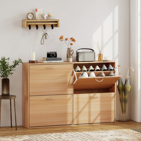 Sapateira Moderna com 4 Gavetas Abatíveis e Prateleiras Ajustáveis para 16-24 Pares de Sapatos para Corredor Entrada 120x24x81 cm Madeira