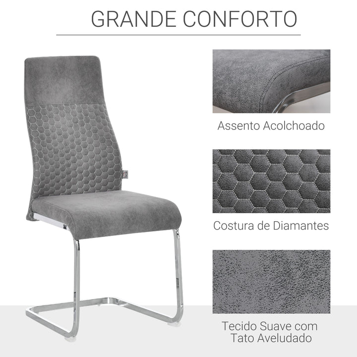 Conjunto de 4 Cadeiras de Sala de Jantar Estofadas em Veludo com Assento Acolchoado e Pés de Metal Cadeiras Cantilever Modernas 45x61x98cm Cinza