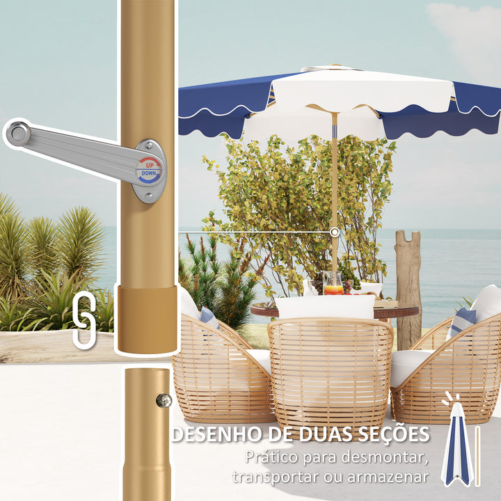 Chapéu de Sol de Jardim Ø267 cm Chapéu de Sol de Exterior com Ângulo Inclinável e Manivela Proteção UV 50+ Chapéu de Sol para Pátio Terraço Azul e Branco