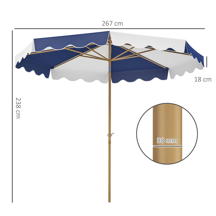Chapéu de Sol de Jardim Ø267 cm Chapéu de Sol de Exterior com Ângulo Inclinável e Manivela Proteção UV 50+ Chapéu de Sol para Pátio Terraço Azul e Branco