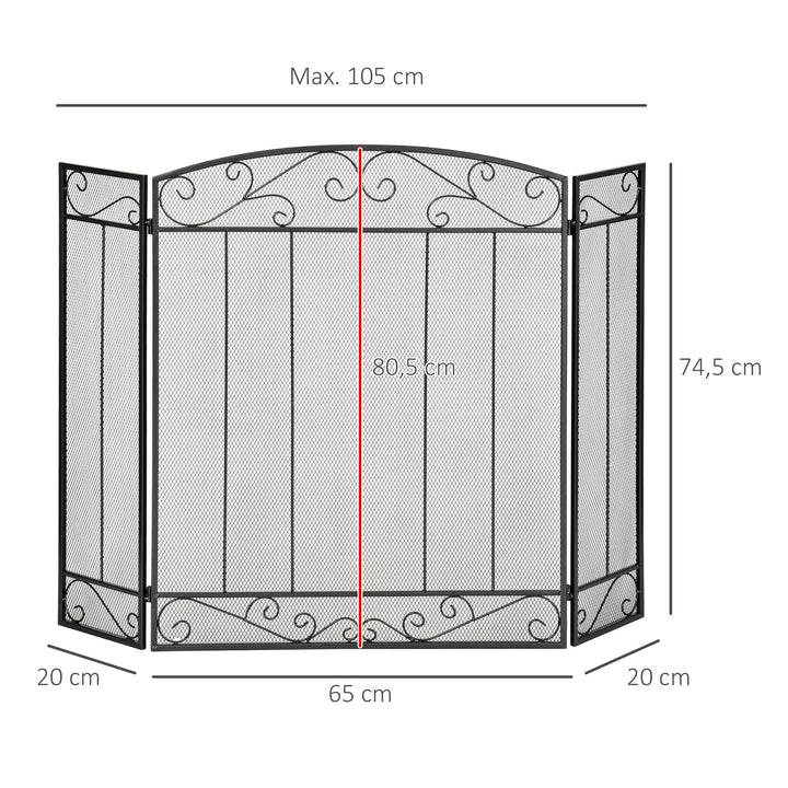 Frente de Lareira Dobrável Frente para Lareira com 3 Painéis Dobradiças Estrutura de Metal e Arame Decorativo 105x80,5cm Preto
